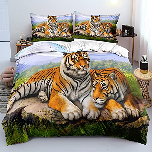 Gnomvaie Tiger Bettwäsche Tier 3D Tiger Thema 135x200 Weiß Bettbezug Weich Mikrofaser mit Reißverschluss und Kissenbezug 80x80cm von Gnomvaie