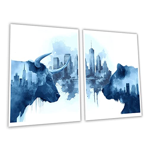 Bull and Bear New York City Skyline Abstrakte Aquarell Marineblau und Weiß ungerahmt Set von 2 Wandkunst-Poster, Börsenmarktdekoration, Tageshändler-Dekoration, Geschenk, Büro-Dekor von Gnosis Picture Archive