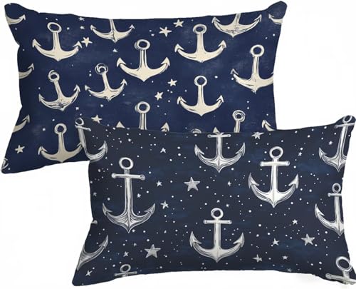Kissenbezug 30 x 50 Kopfkissenbezug 30x50 2er Set, Outdoor Kissen Blau Dekokissen Anker Leinen HD Drucken Rechteck Sofakissen mit Verstecktem Reißverschluss für Sofa Wohnzimmer Schlafzimmer X-541 von Gnulguxo