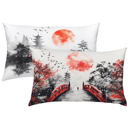 Kissenbezug 60x80, Kissenbezuge Japan 2er Set, Outdoor Kissen Wetterfest Rote Brücke Weich Samt Dekokissen Doppelseitig Drucken Unsichtbarem Reißverschluss für Deko Wohnzimmer Modern, Geschenke X-426 von Gnulguxo