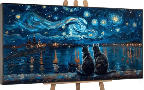 Katze Malen Nach Zahlen Erwachsene, Malen Nach Zahlen van Gogh Muster Design, DIY Paint by Numbers Adult Kunsthandwerk Set mit Pinseln + Acrylfarbe + Knitterfreie Leinwand 40x80cm, Zimmer Deko X-2863 von Gnulguxo