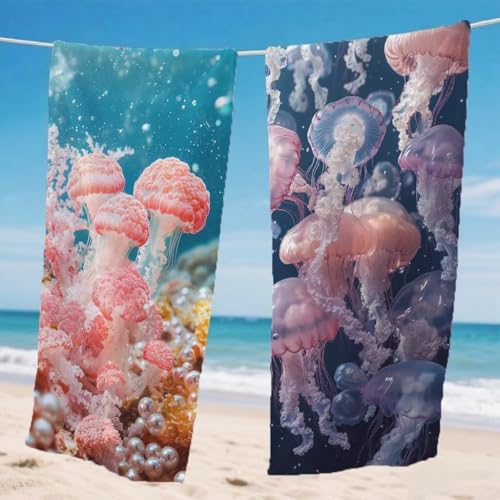 Mikrofaser Strandtuch 65x130cm, Qualle Strandtuch Meeresboden Microfaser Handtücher Saunahandtuch Stranddecke Sandfrei Saugfähig Schnelltrocknendes Sporthandtuch für Strand Reise 2er Set, Model199 von Gnulguxo