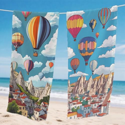 Mikrofaser Strandtuch 65x130cm, Stadt Strandtuch Heißluftballon Microfaser Handtücher Saunahandtuch Stranddecke Sandfrei Saugfähig Schnelltrocknendes Sporthandtuch für Strand Reise 2er Set, Model196 von Gnulguxo