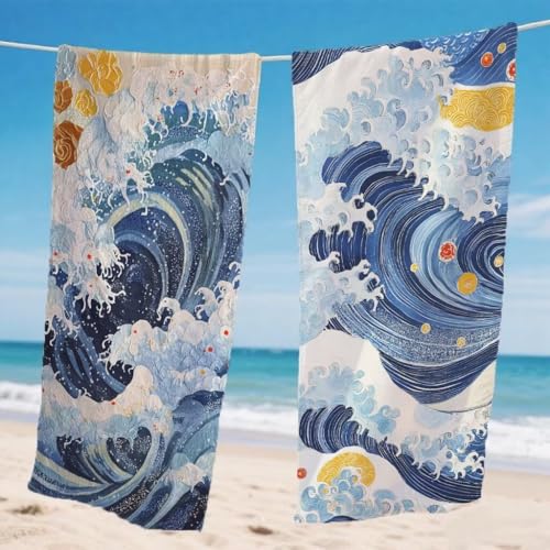 Mikrofaser Strandtuch 85x170cm, Blau Strandtuch Wellen Microfaser Handtücher Saunahandtuch Stranddecke Sandfrei Saugfähig Schnelltrocknendes Leichtes Sporthandtuch für Strand Reise 2er Set, Model211 von Gnulguxo