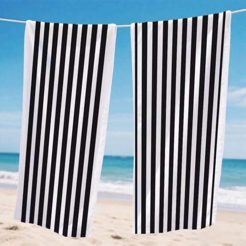 Mikrofaser Strandtuch 85x170cm, Schwarz Strandtuch Streifen Microfaser Handtücher Saunahandtuch Stranddecke Sandfrei Saugfähig Schnelltrocknendes Sporthandtuch für Strand Pool Reise 2er Set, Model994 von Gnulguxo