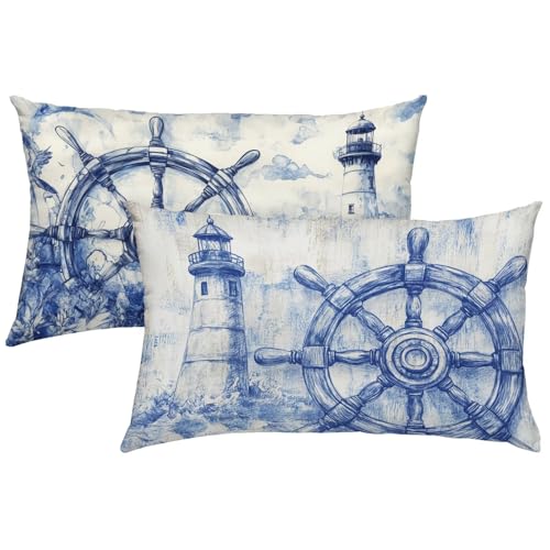 Outdoor Kissen 50x70 2er Set, Blau Kissenbezug Navigation Sofakissen HD Drucken Wasserdichter Leinen Dekokissen mit Verstecktem Reißverschluss für Garten Balkon Wohnzimmer, Geschenke für Frauen X-118 von Gnulguxo
