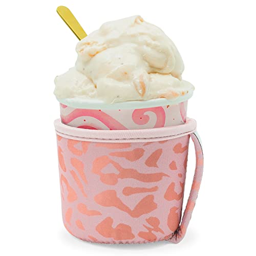 Go Cuff Ice Cream Coozie Pint Manschette, wiederverwendbar, rutschfest, Neopren-Isolator, Pint-Größe, gemütliche Hülle mit Griff, Ben & Jerry's, Halo Top und mehr (rosa Leopard) von Go Cuff