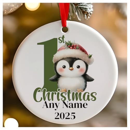 Personalisierbarer grüner Pinguin für Kinder, rund, Keramik, zum Aufhängen, 7 cm von Go Find A Gift