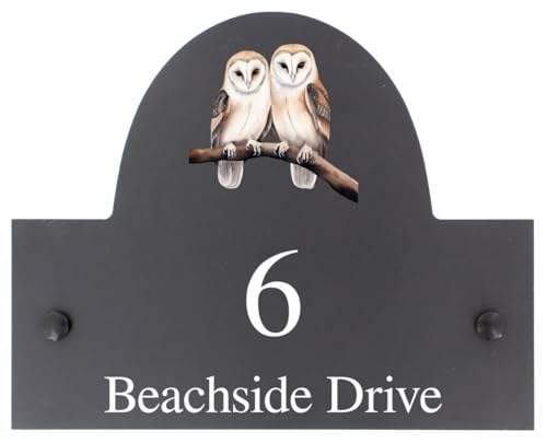 Personalisierbares Schild mit doppeltem Eulen-Vogelmotiv, Schiefer, Hausname oder Nummer, 25 x 20 cm Personalisierbares Schild mit doppeltem Eulen-Vogelmotiv, Schiefer, Hausname oder Nummer, 25 x 20 cm von Go Find A Gift