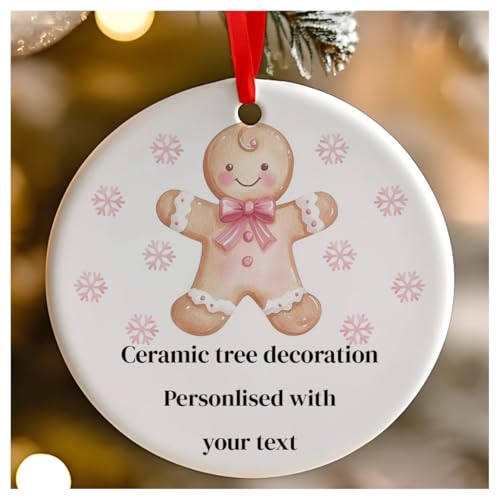 Weihnachtsbaumschmuck, Lebkuchenmann, rund, Keramik, zum Aufhängen, für Babys 1. Weihnachten, erstes Weihnachten als Herr und Frau, 7 cm, Rosa von Go Find A Gift