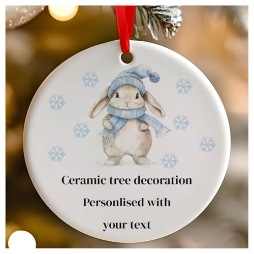 Weihnachtsbaumschmuck, niedliches Kaninchen, rund, Keramik, zum Aufhängen, für Babys 1. Weihnachten, erstes Weihnachten als Herr und Frau, 7 cm, Blau von Go Find A Gift