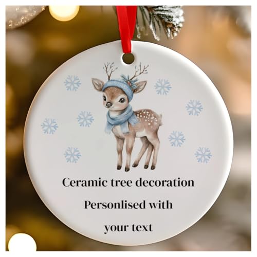 Weihnachtsbaumschmuck, niedliches Rentier, rund, Keramik, zum Aufhängen, für Babys 1. Weihnachten, erstes Weihnachten als Herr und Frau, 7 cm, Blau von Go Find A Gift