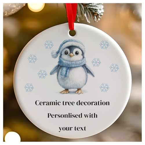 Weihnachtsbaumschmuck, rund, Keramik, zum Aufhängen, Blau, Pinguin, für Babys 1. Weihnachten, erstes Weihnachten als Herr und Frau, 7 cm von Go Find A Gift
