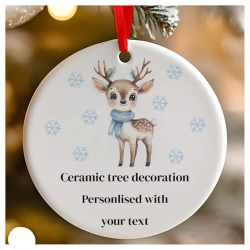 Weihnachtsbaumschmuck, rund, Keramik, zum Aufhängen, Blau, Rentier, personalisierbar, für Babys 1. Weihnachten, erstes Weihnachten als Herr und Frau, 7 cm von Go Find A Gift