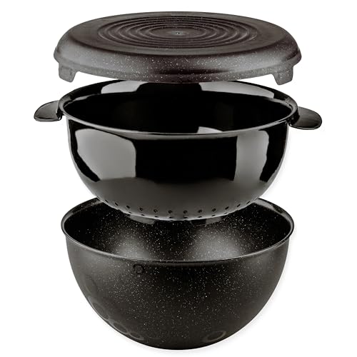 Go Practic Salat Schüssel Set Mit Sieb Und Deckel, 3 Teilig Schwarz, 3L Küchenset, Kunststoff Große Plastikschüssel Küchensieb Salatschüssel von Go Practic