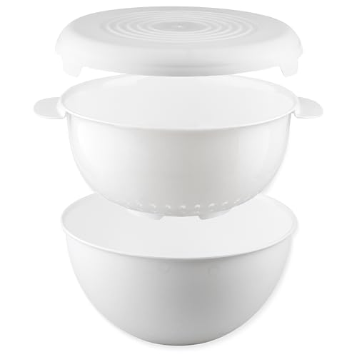 Go Practic Salat Schüssel Set Mit Sieb Und Deckel, 3 Teilig Weiß, 3L Küchenset, Kunststoff Große Plastikschüssel Küchensieb Salatschüssel, von Go Practic