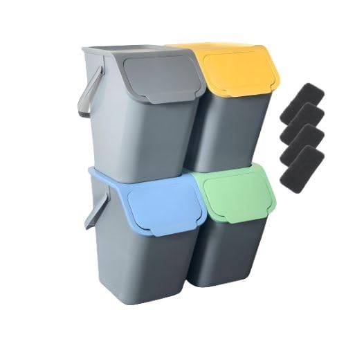 Go Practic 4-er Set Mülleimer und 4-Pack Bioaktivkohlefilter Stapelbox Klick-Deckel Abfalltrennsystem Küche Mülltrennung Abfallsystem Müllkorb mit Deckel Abfallbehälter 4 Farben je 25L von Go Practic