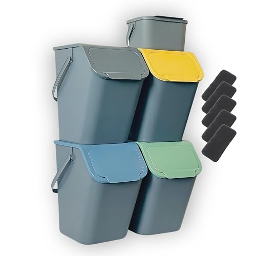 Go Practic 5-er Mülleimer-Set Küche Mülltrennsystem 4x Mülleimer 25l mit Deckel 1x Kleiner Abfalleimer Biomüll-Behälter Stapelbar Click-Funktion Grau von Go Practic