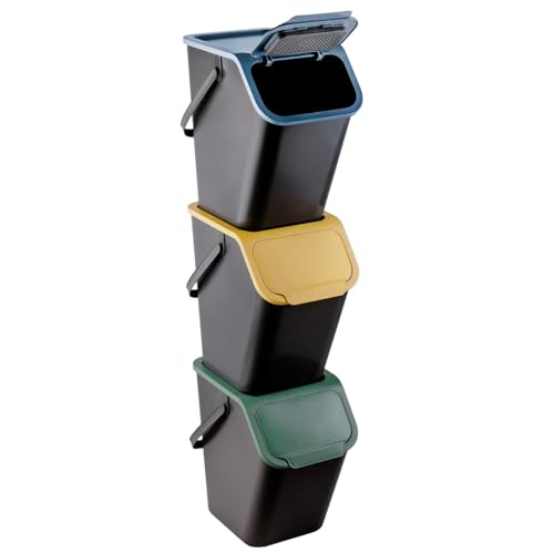 Go Practic Küchen Mülleimer Set 3 Stück 25L mit Deckel, Mülltrennsystem, Abfallbehälter zur Trennung, Robuster, Kunststoff, Recycling Müllbehälter Praktische Click-Funktion von Go Practic