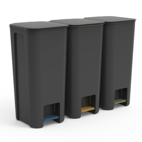 Go Practic Treteimer Set 3x40L Grau, Tretmülleimer mit Pedal und Deckel, Mülleimer, Mülltrennsystem für Papier, Kunststoff, Glas, Küchenmülleimer Recycling, Küche von Go Practic