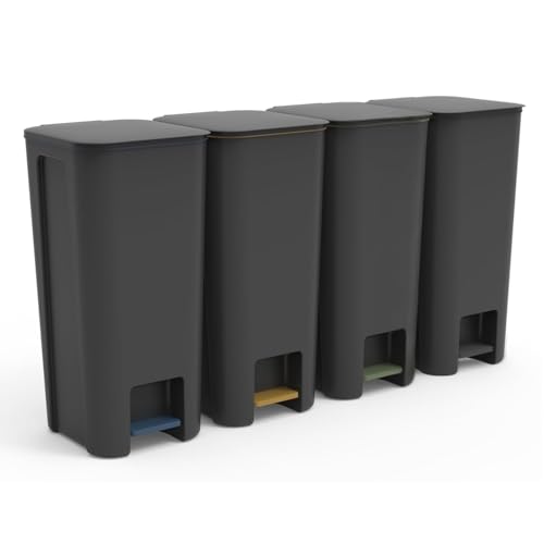 Go Practic Treteimer Set 4x40L Grau, Tretmülleimer mit Pedal und Deckel, Mülleimer, Mülltrennsystem für Papier, Kunststoff, Glas, Küchenmülleimer Recycling, Küche von Go Practic