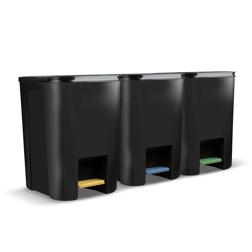 Go Practic Mülleimer Küche Mülltrennsystem Set 3 Stück 25 L Abfalleimer Müllbehälter Mit Pedal Treteimer Kunststoff Mülltrennung Müllsystem Graphitschwarz von Go Practic