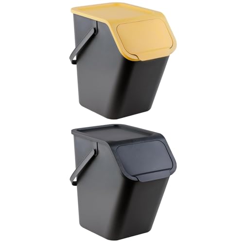 Go Practic Mülleimer Set 2 Stück 25L Schwarz und Gelb mit Deckel, Stapelbox Abfalltrennsystem zur Mülltrennung in der Küche, Abfallsystem mit Click-Funktion, Abfallbehälter zur Trennung von Go Practic
