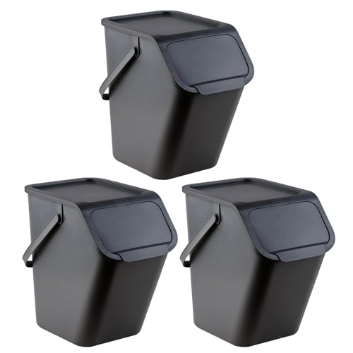 Go Practic Küchen Mülleimer 3x 25L Schwarz mit Deckel, für Gemischte Abfälle, Mülltrennsystem für Recycling, Abfallbehälter zur Trennung, Click-Funktion, Kunststoff Abfallbehälter zur Mülltrennung von Go Practic