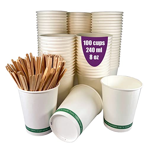 GoBeTree 100 Einweg-Kaffeebecher aus weißem Pappe, 240 ml/8 oz, weiße Einweg-Pappbecher, mit Holzstäbchen für Kaffee, heiße und kalte Getränke. von GoBeTree