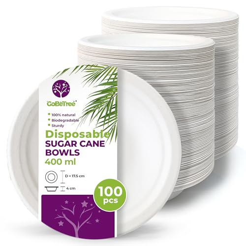 GoBeTree 100 Zuckerrohr Pappschalen 400ml, Einweg Schüsseln, Suppenschalen, Pappschüsseln, Biologisch abbaubare Suppenschüssel Partygeschirr Hochzeit Picknick von GoBeTree