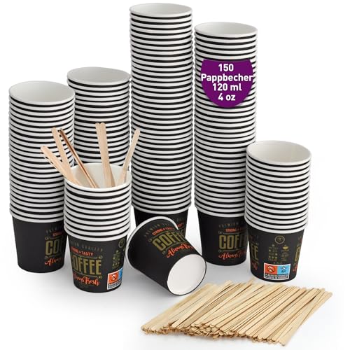 GoBeTree 150 Einweg-Espressotassen aus Pappe 120 ml mit hölzernen Kaffeerührern. Kaffeebecher zum Mitnehmen. von GoBeTree