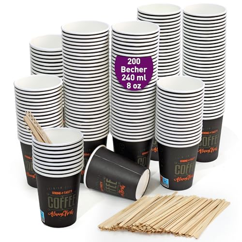 GoBeTree 200 Einweg-Espressotassen aus Pappe 240 ml mit hölzernen Kaffeerührern. Kaffeebecher zum Mitnehmen. von GoBeTree