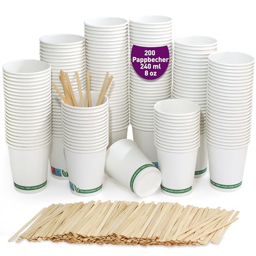 GoBeTree 200 Einweg-Kaffeebecher aus weißem Pappe, 240 ml, 8 Unzen, weiße Einweg-Pappbecher mit Holzstäbchen für Kaffee, heiße und kalte Getränke. von GoBeTree