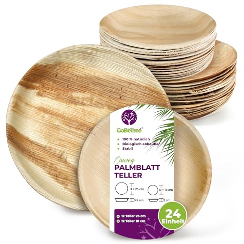 24-teilige Palmblatt-Einwegplatten, 12 runde 25-cm-Platten und 12 18-cm-Platten. Rustikales Holzgeschirr für Grillabende und Geburtstagsfeiern. Biologisch abbaubar. von GoBeTree