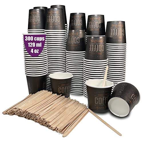 GoBeTree 300 Einweg-Espressotassen aus Pappe 120 ml mit hölzernen Kaffeerührern. Kaffeebecher zum Mitnehmen. von GoBeTree