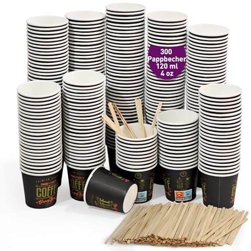 GoBeTree 300 Einweg-Espressotassen aus Pappe 120 ml mit hölzernen Kaffeerührern. Kaffeebecher zum Mitnehmen. von GoBeTree