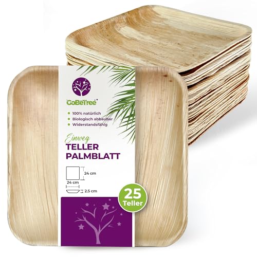 GoBeTree 25 Palmblatt Teller 24x24 cm, Palmblatt Geschirr Einwegteller, Biologisch abbaubares Einmalgeschirr für Party, Alternative zu Bambusteller von GoBeTree