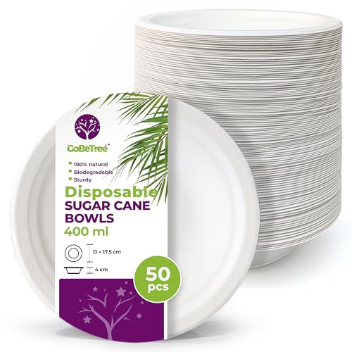 GoBeTree 50 Zuckerrohr Pappschalen 400ml, Einweg Schüsseln, Suppenschalen, Pappschüsseln, Biologisch abbaubare Suppenschüssel Partygeschirr Hochzeit Picknick von GoBeTree