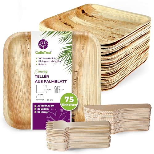 GoBeTree 25 Palmblatt Teller 25 cm quadratisch + 50 Holzbesteck | einweggeschirr, einwegteller & palmblatt geschirr | Ähnlich wie Bambus, ideal für Feiern, Grillfeste und Picknicks von GoBeTree