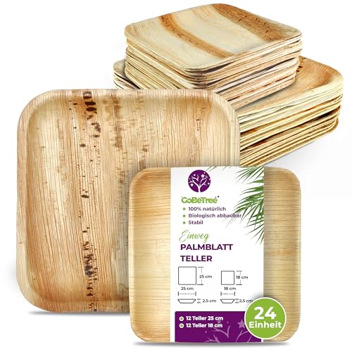 24 Palmblatt Teller palmblatt geschirr ähnlich bambus teller | Quadratische Einwegplatten 25 cm und 18 cm ideal für Grill, Picknick und Geburtstag, ähnlich wie Bambus, robuster als Papier von GoBeTree