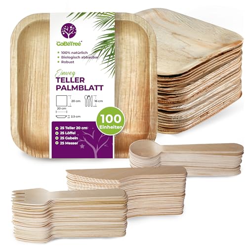GoBeTree 25 Palmblatt Teller 20 cm quadratisch + 75 Holzbesteck | einweggeschirr, einwegteller & palmblatt geschirr | Ähnlich wie Bambus, ideal für Feiern, Grillfeste und Picknicks von GoBeTree