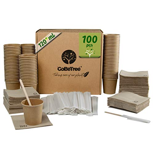 GoBeTree 100 Einweg-Kraft-Kaffeetassen für Espressokaffee 120 ml mit Holzrührern in Papiertüte für Kaffee und recycelte Servietten von GoBeTree