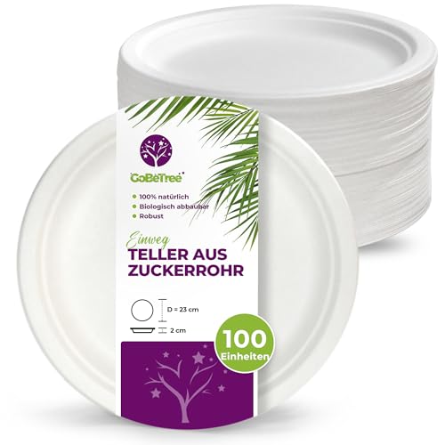 GoBeTree 100 Stück runde Pappteller aus Zuckerrohr, 23 cm, weiß. Extra starke Einweg-Pappteller für Camping, Picknick, Partys, Grillabende, Geburtstage. von GoBeTree