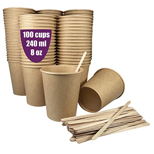 GoBeTree 100 kraftpapierbecher aus Pappe, 240 ml, mit Holzstäbchen, für Americano-Kaffee, Milchkaffee und Erfrischungsgetränke von GoBeTree