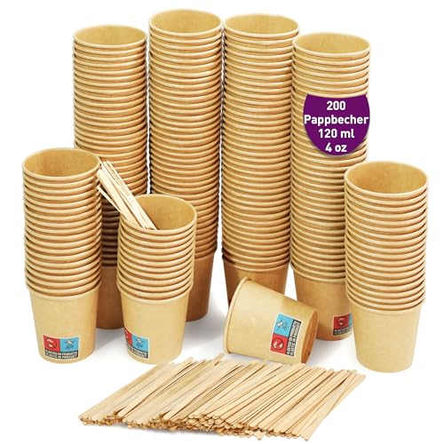 GoBeTree 200 Einweg-Kaffeebecher aus Kraftkarton mit 120 ml / 4 oz Fassungsvermögen, Einweg-Kaffeebecher aus Kraftkarton mit hölzernen Kaffeerührern. Für heiße und kalte Getränke, Cremefarben von GoBeTree