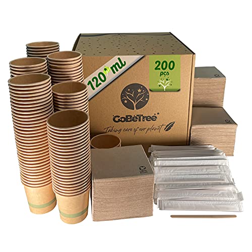 GoBeTree 200 Einweg-Kraft-Kaffeetassen für Espressokaffee 120 ml mit Holzrührern in Papiertüte für Kaffee und recycelte Servietten von GoBeTree