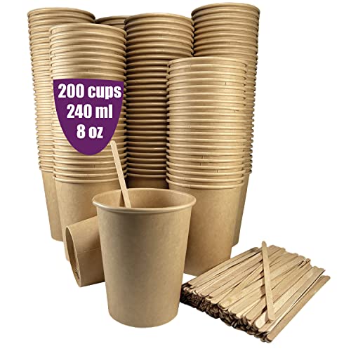 GoBeTree 200 kraftpapierbecher aus Pappe, 240 ml / 8 oz, mit Holzstäbchen, für Americano-Kaffee, Milchkaffee und Erfrischungsgetränke von GoBeTree