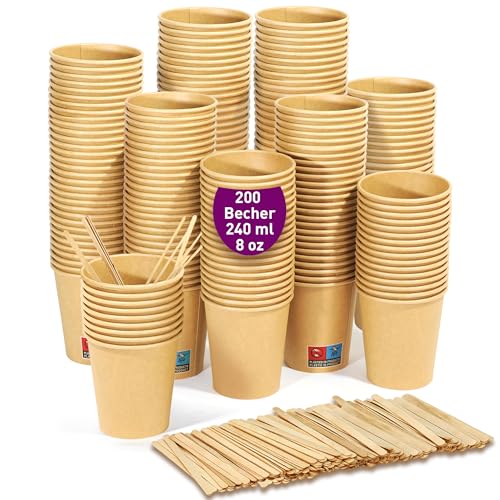 GoBeTree 200 kraftpapierbecher aus Pappe, 240 ml / 8 oz, mit Holzstäbchen, für Americano-Kaffee, Milchkaffee und Erfrischungsgetränke von GoBeTree