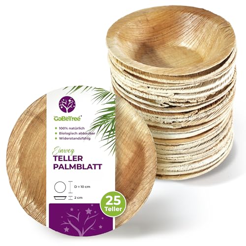 GoBeTree 25 Runde Palmblatt Teller Ø 10 cm, Palmblatt Geschirr Einwegteller, Biologisch abbaubares Einmalgeschirr für Party, Alternative zu Bambusteller von GoBeTree