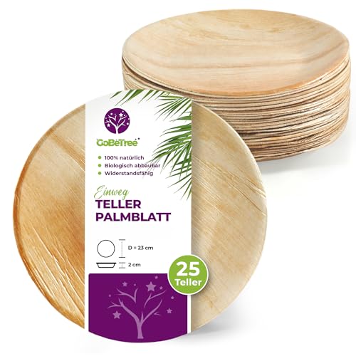 GoBeTree 25 Runde Palmblatt Teller Ø 23 cm, Palmblatt Geschirr Einwegteller, Biologisch abbaubares Einmalgeschirr für Party, Alternative zu Bambusteller von GoBeTree